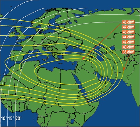 Express-AM22 at 53 degrees East map - steerable coverage
