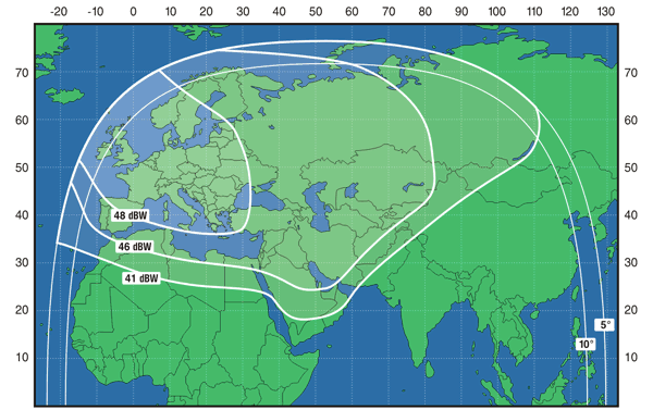 Express-AM22 at 53 degrees East map - wide coverage
